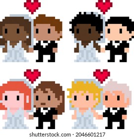 Pixel couples of diverse men and women getting married - vector, isolated