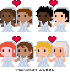 Pixel couples of diverse women getting married - vector, isolated