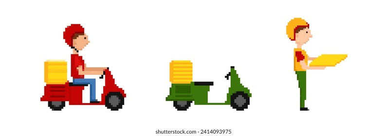 Pixel couriers and delivery set. Red and green motorcycle with goods and employee in helmet with delivered goods for service vector design