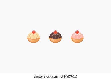 Pixel cream cake illustration set. Vector pixel cream cake with chocolate, strawberry and cheese cream. 8 bit retro game style cakes icon collection. Pixel sweets isolated icons on white background.