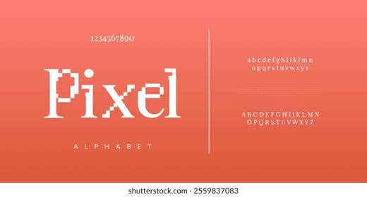 Pixel creative modern geometric urban alphabet font. Digital abstract futuristic, game, techno, robot, music, logo, sport, minimal technology typography. Simple numeric vector illustration