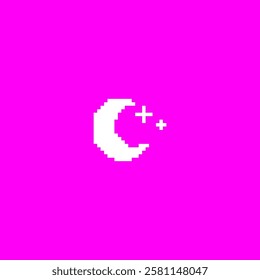 Pixel crescent moon with stars design, retro Y2K style. Geometric icon in white color on pink isolated background. Vector illustration of vintage element from 80s - 90s. 8 bit. Sticker or logo.