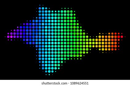 Pixel Crimea map. Halftone territorial scheme using rainbow color hues with horizontal gradient on a black background. Vector composition of Crimea map designed of circle points.