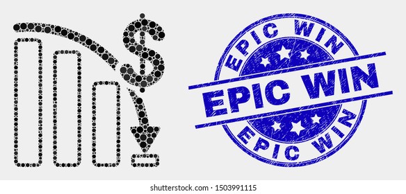 Pixel crisis bar chart mosaic pictogram and Epic Win seal. Blue vector rounded grunge seal stamp with Epic Win caption. Vector combination in flat style.