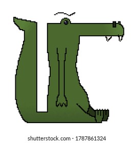 The pixel crocodile is serious. The character is sitting and looking