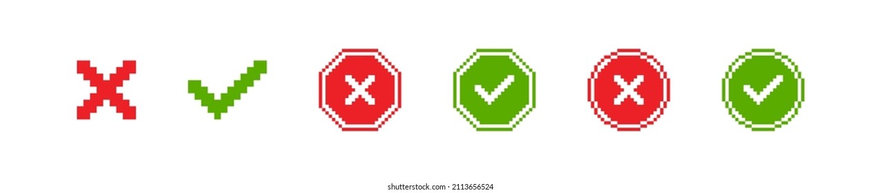 Pixel Cross And Check Mark Icon Set. 8 Bit Retro Button. Vector Isolated Flat