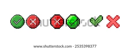Pixel cross and check mark icon set in 8-bit retro style. Simple vector buttons, perfect for retro-themed designs, games, and user interfaces. Isolated flat illustrations for versatile use.