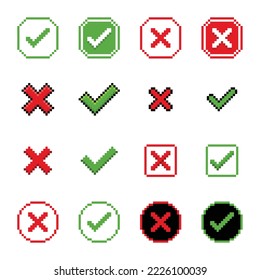 Pixel cross and check mark symbol Vector Illustration on white background