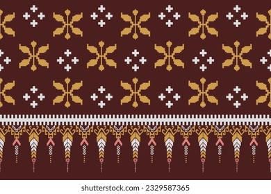 Pixel Cross Stitch Patterns ethnic pattern abstract art red background design for carpet, wallpaper, clothes, textiles, pillows, curtains, bed sheets, tablecloths, vintage style, vector illustration