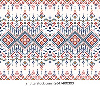 Pixel cross stitch seamless pattern. Tribal embroidery design. Traditional folk fabric art. Ethnic geometric background.