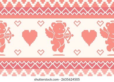 Pixel ponto cruz estilo cupido urso e coração repetir padrão em tons rosas românticos, perfeito para Dia dos Namorados têxtil, cartões de saudação, e desenhos com tema bonito.