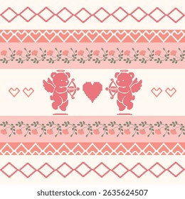 Pixel cross stitch style cupid bear and heart repeat pattern in romantic pink tones, perfect for Valentine’s Day textile, greeting cards, and cute-themed designs.