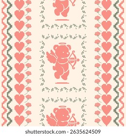 Pixel ponto cruz estilo cupido urso e coração repetir padrão em tons rosas românticos, perfeito para Dia dos Namorados têxtil, cartões de saudação, e desenhos com tema bonito.
