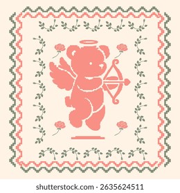 Pixel ponto cruz estilo cupido urso e coração repetir padrão em tons rosas românticos, perfeito para Dia dos Namorados têxtil, cartões de saudação, e desenhos com tema bonito.