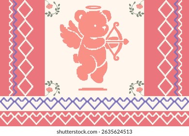 Pixel ponto cruz estilo cupido urso e coração repetir padrão em tons rosas românticos, perfeito para Dia dos Namorados têxtil, cartões de saudação, e desenhos com tema bonito.