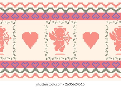 Pixel ponto cruz estilo cupido urso e coração repetir padrão em tons rosas românticos, perfeito para Dia dos Namorados têxtil, cartões de saudação, e desenhos com tema bonito.