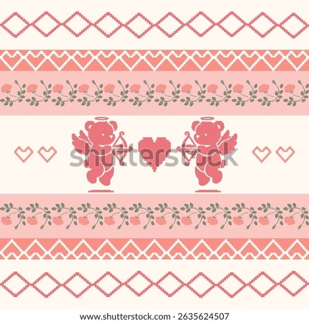Pixel cross stitch style cupid bear and heart repeat pattern in romantic pink tones, perfect for Valentine’s Day textile, greeting cards, and cute-themed designs.