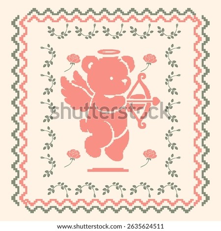 Pixel cross stitch style cupid bear and heart repeat pattern in romantic pink tones, perfect for Valentine’s Day textile, greeting cards, and cute-themed designs.