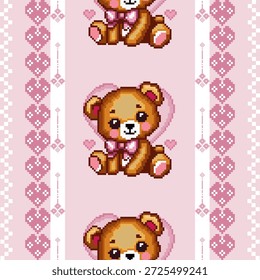 Estilo de punto de cruz de píxel osito de peluche y corazón sin patrón de repetición en tonos rosados románticos, perfecto para textiles de San Valentín, tarjetas de felicitación y diseños de temática linda.