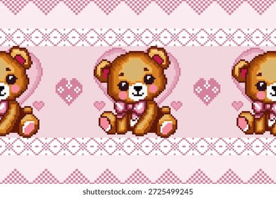 Pixel cross stitch style teddy bear and heart seamless repeat pattern in romantic pink tones, perfect for Valentine’s Day textiles, greeting cards, and cute-themed designs.
