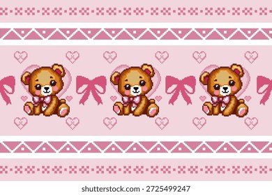 Pixel estilo ponto cruz ursinho de pelúcia e coração sem emenda repete o padrão em tons rosas românticos, perfeito para tecidos do Dia dos Namorados, cartões de saudação, e desenhos com tema bonito.