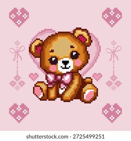 Pixel estilo ponto cruz ursinho de pelúcia e coração sem emenda repete o padrão em tons rosas românticos, perfeito para tecidos do Dia dos Namorados, cartões de saudação, e desenhos com tema bonito.