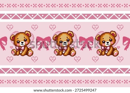 Pixel cross stitch style teddy bear and heart seamless repeat pattern in romantic pink tones, perfect for Valentine’s Day textiles, greeting cards, and cute-themed designs.