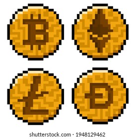 Pixel cryptocurrency pack - Bitcoin, Ethereum, Litecoin and Dogecoin