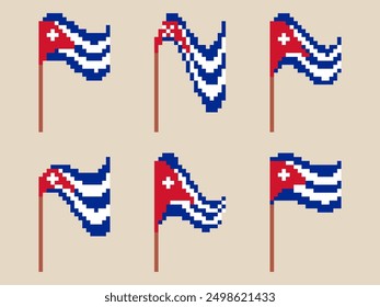 Conjunto de iconos de bandera de Cuba de píxeles aislados sobre fondo blanco. Ondeando la bandera de Cuba en estilo gráfico retro de 8 bits de los años 80. Diseño de estilo de arte de píxeles para Anuncios y carteles. Ilustración vectorial