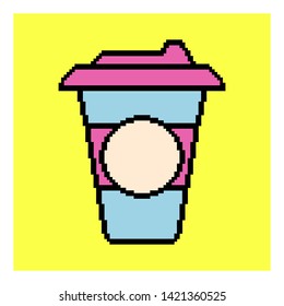 Pixel cup of coffee to go. Mug icon. Vector illustration logo.