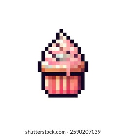 Pixel cupcake icon. Sweet pastries in pixel style of the 80s, 90s. Pixel cake for games, websites, animations. 8bit muffin icon. Vector sponge cake icon. Vintage cakes.