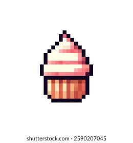 Pixel cupcake icon. Sweet pastries in pixel style of the 80s, 90s. Pixel cake for games, websites, animations. 8bit muffin icon. Vector sponge cake icon. Vintage cakes.