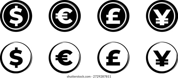 Conjunto de iconos de moneda de píxeles: dólar, euro, yen, símbolos de libra