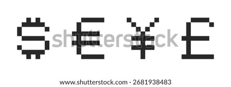 Pixel Currency Icons Set – Dollar, Euro, Yen, Pound Symbols