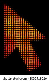 Pixel cursor arrow icon. Bright pictogram in orange color tinges on a black background. Vector halftone pattern of cursor arrow icon constructed with round pixels.
