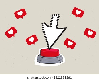 Pixel cursor and a big red button with a like symbols. Modern digital collage. Vector illustration 