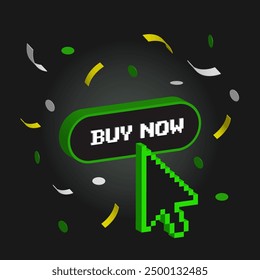 Pixel cursor click on Buy Now Button with confetti. Black Friday. Colorful 3d illustration for the start of sales. Y2k big promo for offer. Modern Neon futuristic style for social media., pixel art