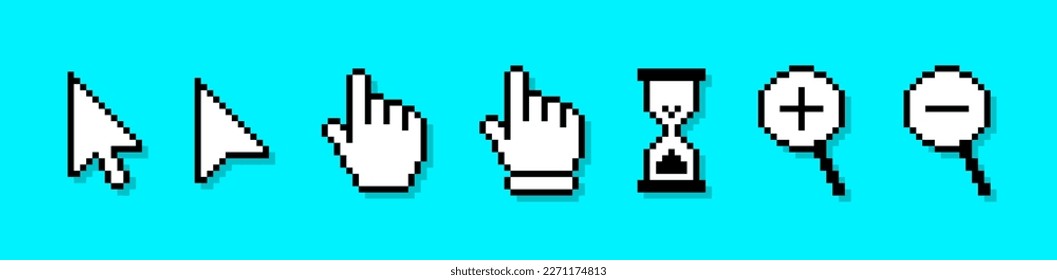 Conjunto de iconos del cursor del píxel o del puntero del ratón del equipo. Cursores de arte de píxeles - flechas, punteros de clic a mano, lupa y vidrio de color. Iconos de ratón de computadora con un estilo de 8 bits. Vector.