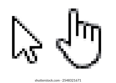 Pixel cursor or computer mouse pointer icons set. Pixel art cursor - arrow, hand click pointer, Pixelated computer mouse icons in 8 bit style Vector design 