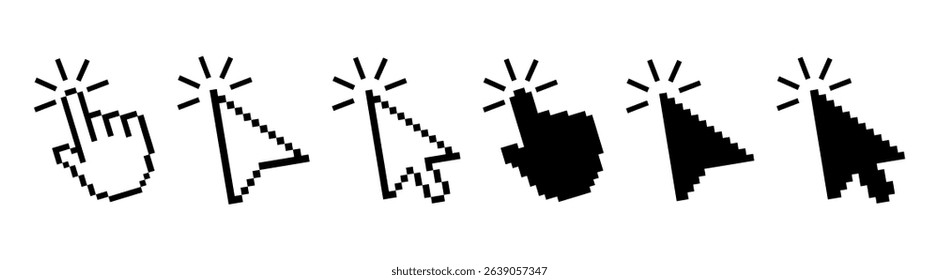 Pixel cursor or computer mouse pointer icons set. Pixel hand, pointer hand, arrow logo vector isolated icons set. 