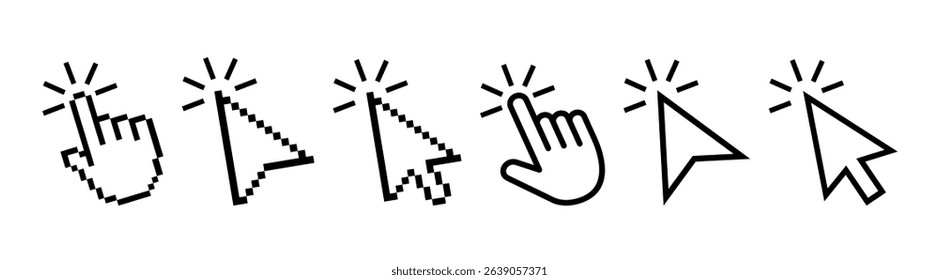 Pixel cursor or computer mouse pointer icons set. Pixel hand, pointer hand, arrow logo vector isolated icons set. 