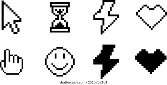 Cursor del píxel o puntero del ratón del ordenador, reloj de arena, conjunto de iconos del corazón.