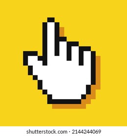 Cursor de píxeles. Puntero de la mano del cursor. Ratón informático. Flecha. 8 bits. Estilo de videojuego. Ilustración del vector