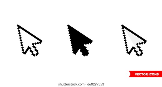 Pixel cursor icon of 3 types: color, black and white, outline. Isolated vector sign symbol.