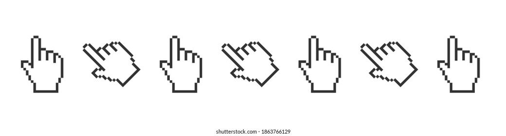 Pixel cursor icon. Pointer click icon. Clicking cursor, pointing hand clicks. Vector illustration