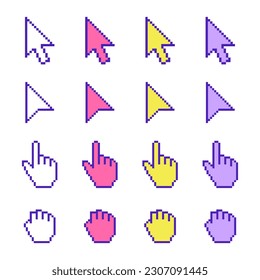 pixel cursor icon set, hand, arrow, colored, vector illustration