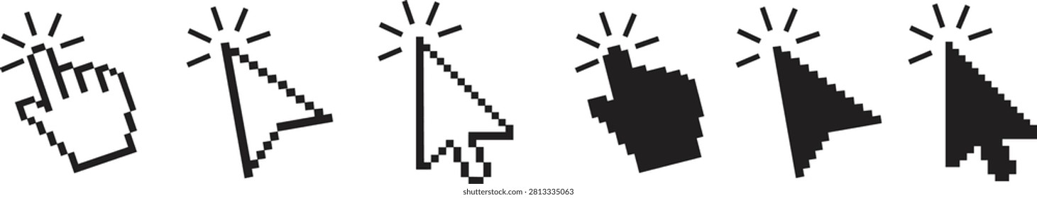 Pixel Cursor Icon Set Hand and Arrow Mouse Clicking Vectors