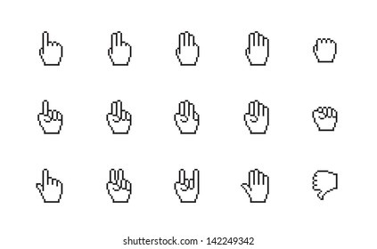 Pixel Cursor Icons, Mouse Hand On White Background. Vector Illustration.