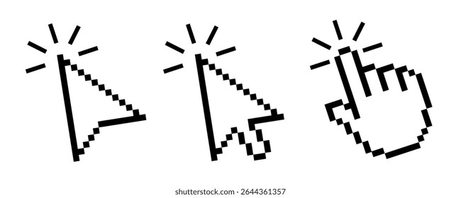 Ícones de ponteiro de pixel definidos. Clique na seta e na mão do mouse do computador. Vetor de logotipo de seta de pixel isolado