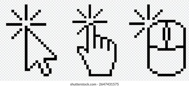 Pixel cursor pointer icons set. Computer mouse click arrow and hand. Pixel hand arrow logo vector isolated on transparent background.
